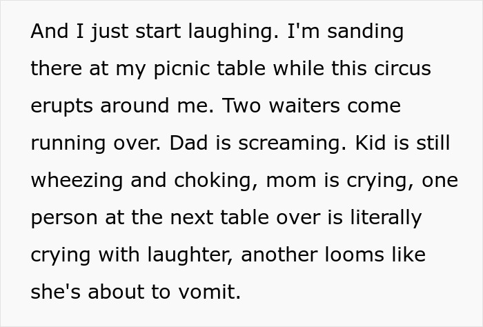 Text describing chaos as dad screams after stealing spicy chicken sandwich for his kid who vomits everywhere at a picnic table. Text describing chaos as dad screams after stealing spicy chicken sandwich for his kid who vomits everywhere at a picnic table.