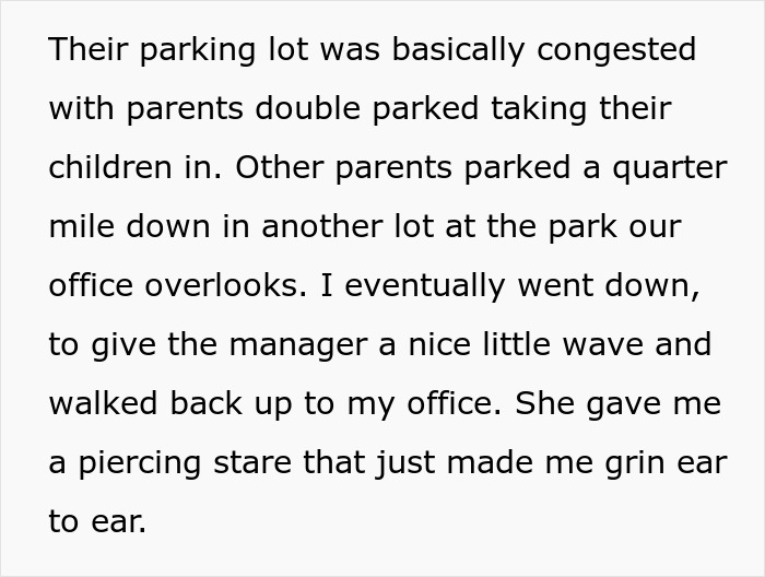 Busy daycare parking lot congested with double-parked cars as parents drop off children amid chaotic towing dispute.
