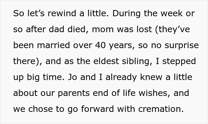 Text excerpt discussing family reactions after dad's death and sister revealed dead brother lie about parents' end-of-life wishes.