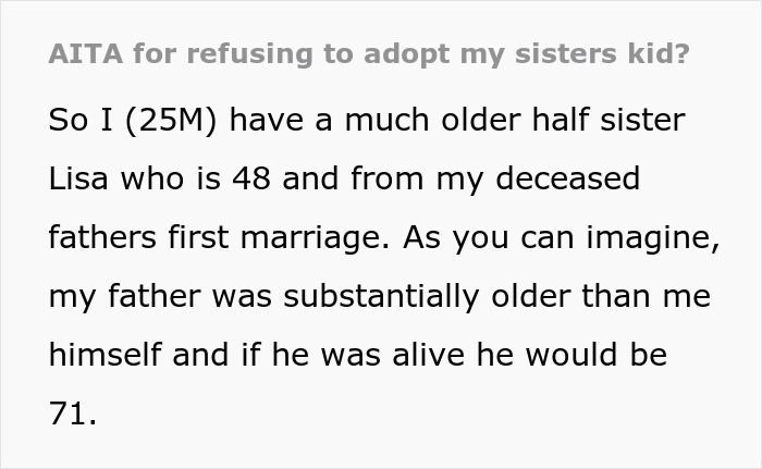 Text excerpt from a Reddit post about a woman asking her half-brother to adopt her miracle baby due to financial struggles.
