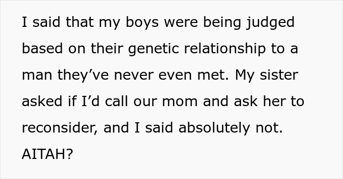 Text excerpt from a Reddit post discussing judgment based on genetic relationships causing family conflict and upset.