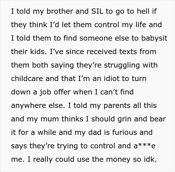 Alt text: Woman rejects brother’s live-in nanny job offer due to unreasonable demands and family conflict over childcare control. Alt text: Woman rejects brother’s live-in nanny job offer due to unreasonable demands and family conflict over childcare control.