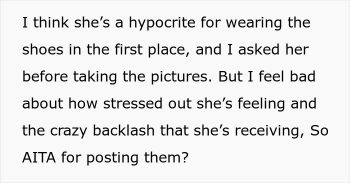 Text post about a woman planning to sell grandma’s leather shoes after her vegan sister wears them. Text post about a woman planning to sell grandma’s leather shoes after her vegan sister wears them.