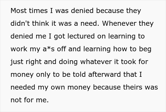 Text excerpt highlighting son neglected by parents who spoiled daughter, asking for financial help after parents go broke. Text excerpt highlighting son neglected by parents who spoiled daughter, asking for financial help after parents go broke.