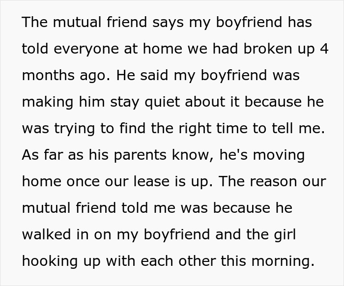 Text discussing a man announcing breakup to everyone except his girlfriend of seven years through a mutual friend. Text discussing a man announcing breakup to everyone except his girlfriend of seven years through a mutual friend.