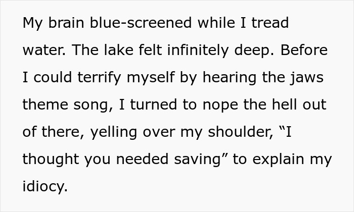 Alt text: Woman wrongly tries to save elite military diver while feeling embarrassed but ends up scoring a date despite her mistake. Alt text: Woman wrongly tries to save elite military diver while feeling embarrassed but ends up scoring a date despite her mistake.
