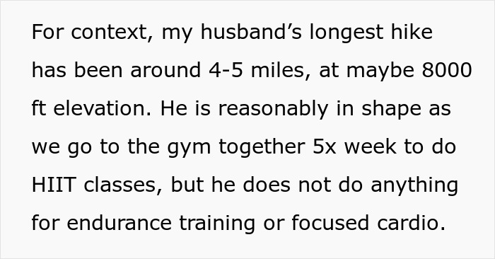 Text excerpt about a man’s longest hike and his fitness routine, related to a man getting majorly hurt after surprise anniversary trip canceled. Text excerpt about a man’s longest hike and his fitness routine, related to a man getting majorly hurt after surprise anniversary trip canceled.