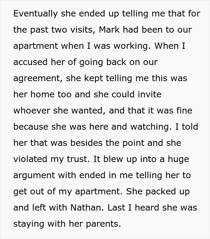 Text excerpt about a man confronting his girlfriend for secretly inviting her criminal ex to his apartment, leading to a breakup. Text excerpt about a man confronting his girlfriend for secretly inviting her criminal ex to his apartment, leading to a breakup.