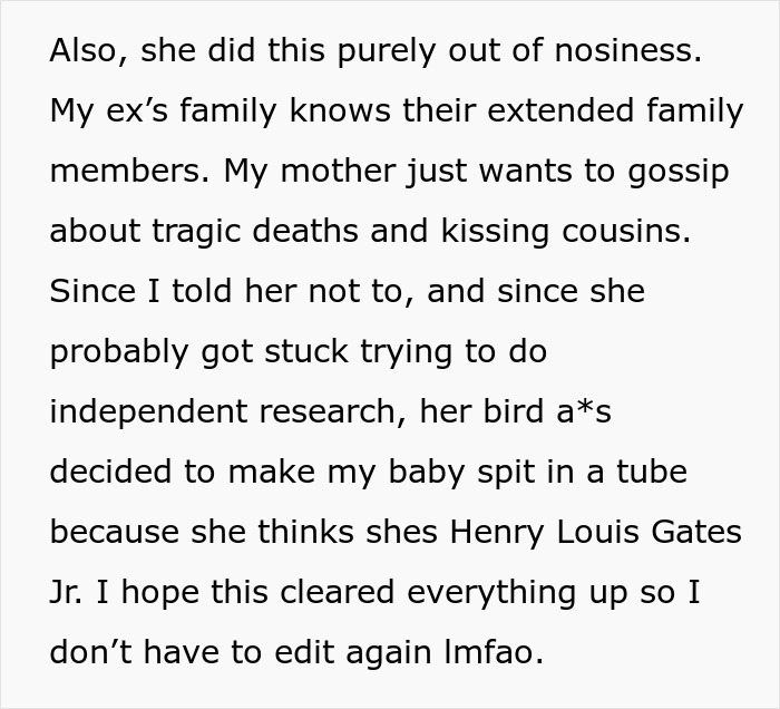 Text excerpt discussing a nosy mother obsessed with ancestry tests and causing family tension through gossip and DNA testing.