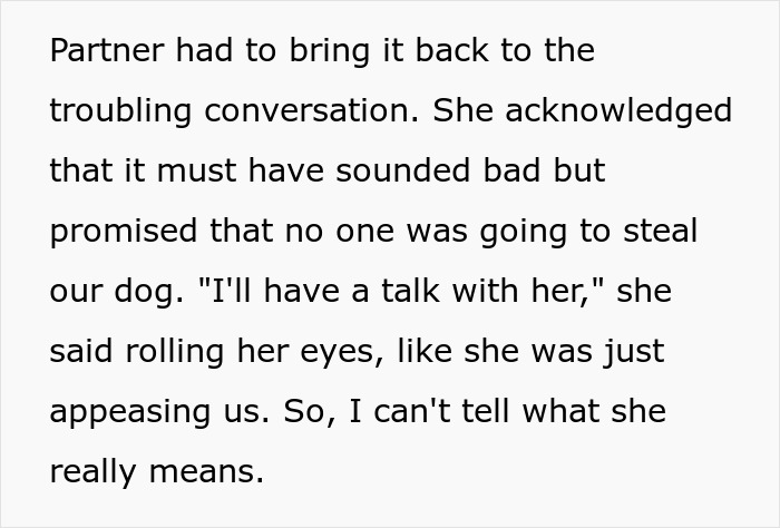 Text excerpt discussing a neighbor’s dog and concerns about an elderly lady allegedly planning to steal the dog.