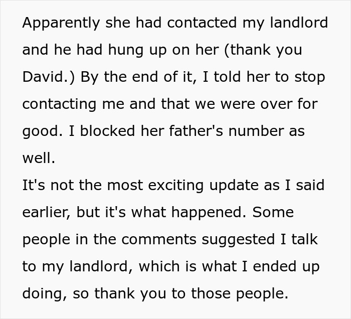 Text message conversation about contacting landlord and blocking ex’s father after relationship ended, involving a criminal ex. Text message conversation about contacting landlord and blocking ex’s father after relationship ended, involving a criminal ex.