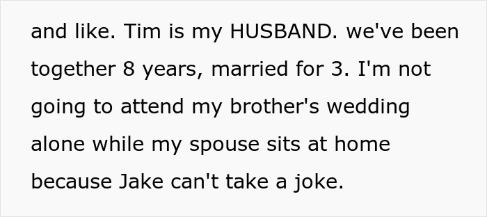 Text excerpt about husband and brother-in-law conflict over a wedding invitation and joking boundaries. Text excerpt about husband and brother-in-law conflict over a wedding invitation and joking boundaries.