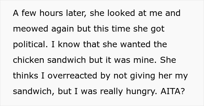 Woman refusing to share her chicken sandwich with her cat, questioning if she’s the jerk in a political moment.