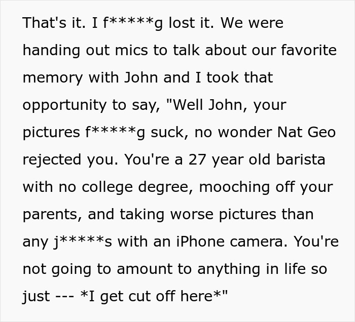 Text showing a toxic friend insulting a photographer&rsquo;s skills and background in a harsh and critical manner.