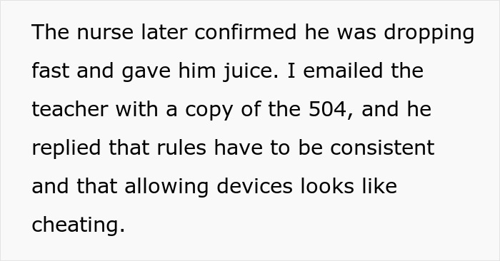 Text describing a math teacher banning a diabetic student from checking glucose, sparking a health rule dispute at school.