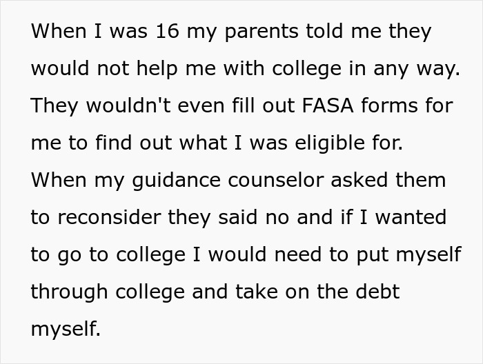 Text about parents spoiling daughter causing financial issues and neglecting son, who was asked for help later. Text about parents spoiling daughter causing financial issues and neglecting son, who was asked for help later.