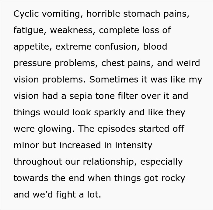 Woman realizes ex might have been poisoning her after months of mysterious illness and strange symptoms worsening. Woman realizes ex might have been poisoning her after months of mysterious illness and strange symptoms worsening.