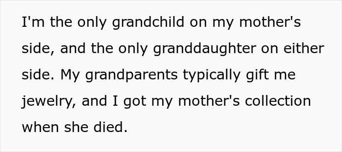 Text about a stepmom allowing kids to destroy stepdaughter’s $100k heirloom jewelry with grandparents suing her. Text about a stepmom allowing kids to destroy stepdaughter’s $100k heirloom jewelry with grandparents suing her.