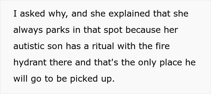 Mom explains parking ritual for autistic son at fire hydrant, highlighting challenges balancing her injured child's needs. Mom explains parking ritual for autistic son at fire hydrant, highlighting challenges balancing her injured child's needs.