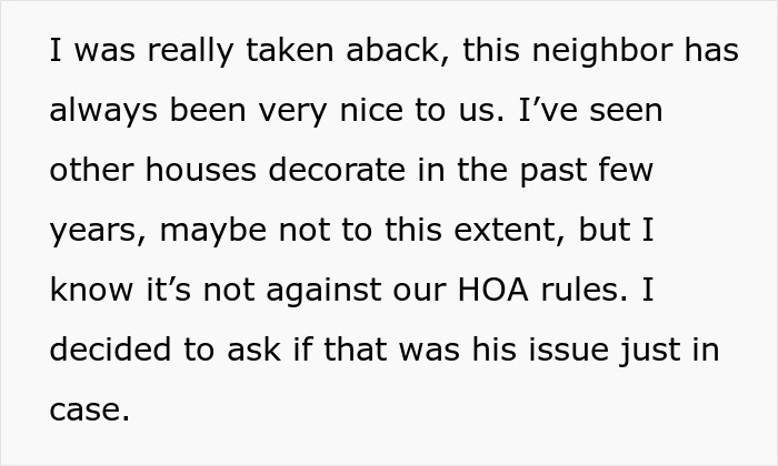 Text excerpt from a neighbor discussing the threat over Halloween decor in a residential neighborhood.