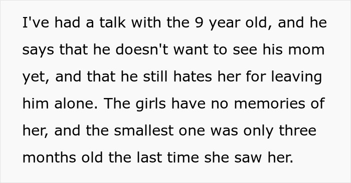 Text excerpt discussing kids’ refusal to see their ex-con mom and family backlash, sharing update years later. Text excerpt discussing kids’ refusal to see their ex-con mom and family backlash, sharing update years later.
