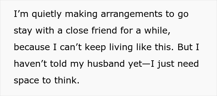 Text excerpt showing a wife quietly making plans to stay with a friend due to family conflict with creepy BIL. Text excerpt showing a wife quietly making plans to stay with a friend due to family conflict with creepy BIL.