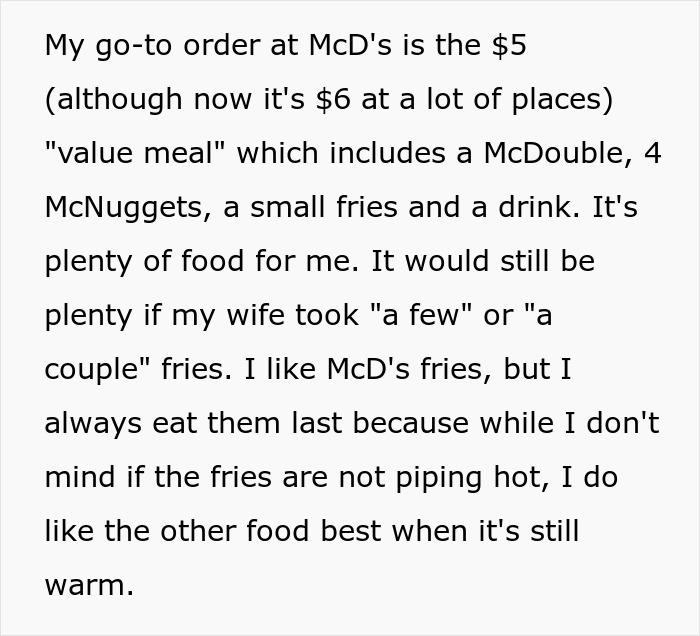 Text excerpt from a man sharing his McDonald's value meal including fries while addressing a family drama about fries.