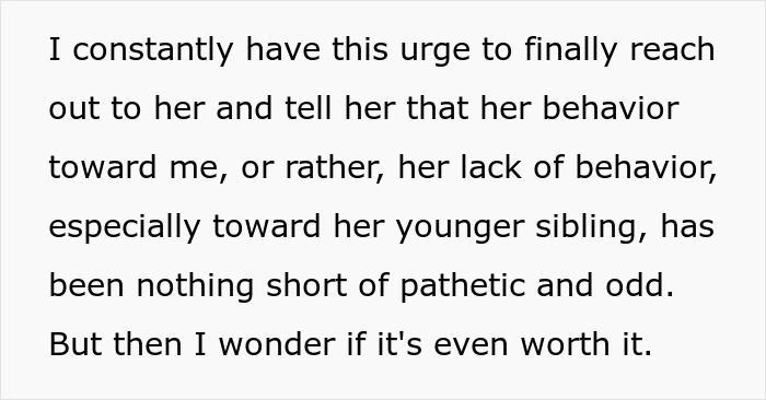 Text excerpt about sibling cutting off contact for a decade, highlighting family conflict and Instagram blocking.