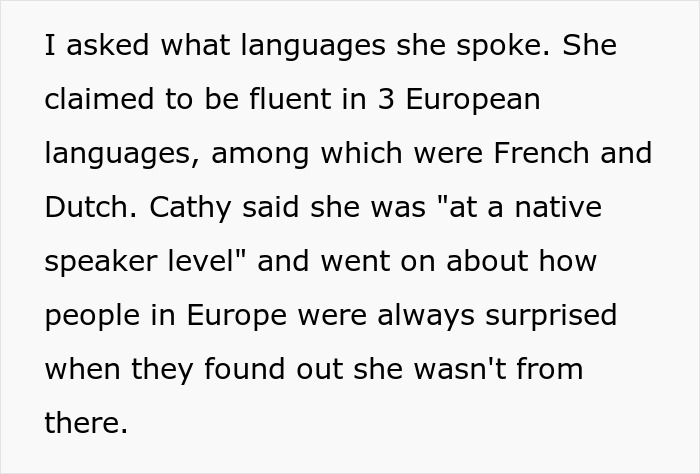 Text excerpt about a woman embarrassing a new colleague by speaking a language she falsely claimed to know well. Text excerpt about a woman embarrassing a new colleague by speaking a language she falsely claimed to know well.