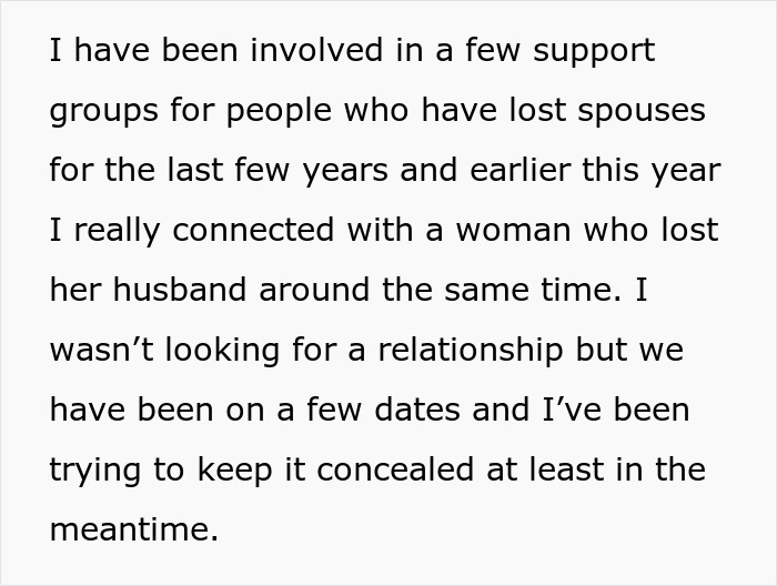 Text passage about connecting in support groups after losing spouses, dating discreetly while grieving and coping. Text passage about connecting in support groups after losing spouses, dating discreetly while grieving and coping.