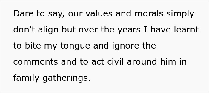Text displaying personal values and morals conflicting with family, managing racist slurs during dinner gatherings. Text displaying personal values and morals conflicting with family, managing racist slurs during dinner gatherings.