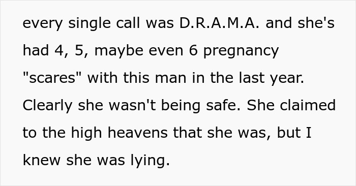 Text excerpt detailing a woman’s experience with a friend involved in multiple pregnancy scares and drama. Text excerpt detailing a woman’s experience with a friend involved in multiple pregnancy scares and drama.
