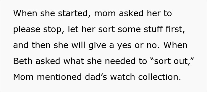 Text excerpt showing a conversation about sorting items and a mention of dad’s watch collection in a sister revealed dead brother lie context.