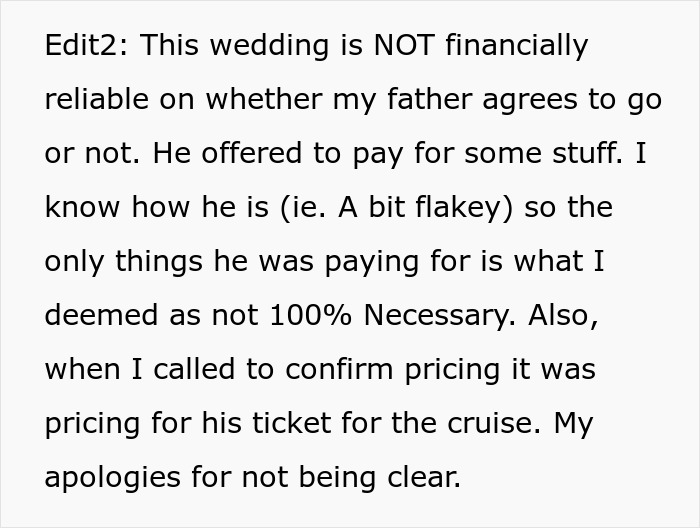 Text excerpt explaining bride&rsquo;s father refusal to attend wedding not held on American soil, discussing financial concerns.