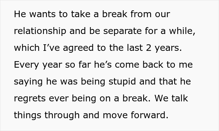 Text about a relationship break every year where partners separate and then reconcile after reflecting on regrets. Text about a relationship break every year where partners separate and then reconcile after reflecting on regrets.