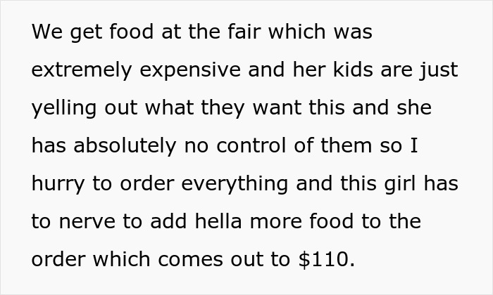 Text excerpt describing a woman’s experience with a friend who “forgot” her wallet and caused a costly food order.