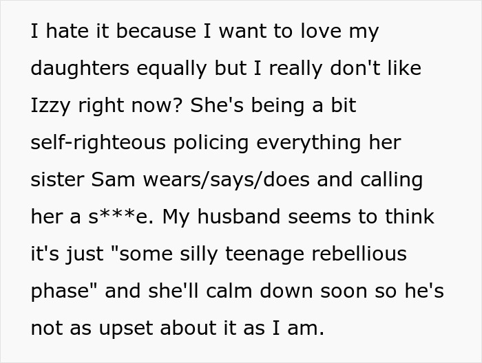 Alt text: Mom admits she likes one daughter more than the other and struggles to hide feelings of favoritism and conflict.