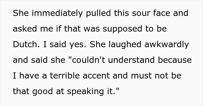 Woman embarrasses new colleague by speaking to her in a language she claimed to know well, causing awkward reaction. Woman embarrasses new colleague by speaking to her in a language she claimed to know well, causing awkward reaction.