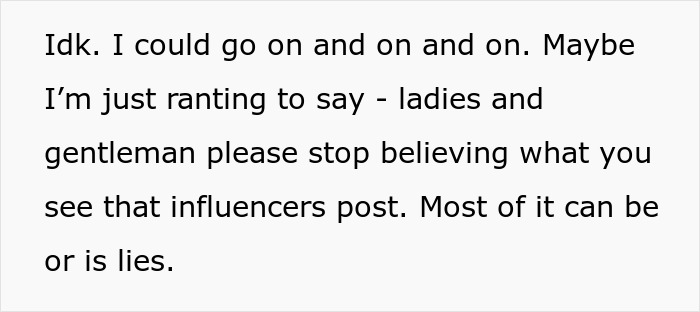 Text image showing a message about gym influencer lies and urging people to stop believing influencer posts. Text image showing a message about gym influencer lies and urging people to stop believing influencer posts.
