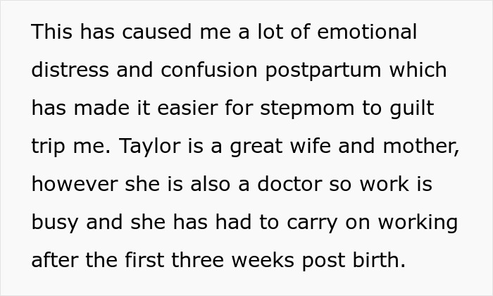 Text excerpt discussing emotional distress and postpartum challenges related to stepsister and parental issues with help refusal. Text excerpt discussing emotional distress and postpartum challenges related to stepsister and parental issues with help refusal.