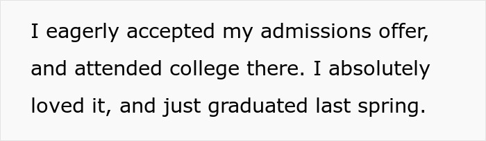 Text excerpt about college admissions and graduation reflecting a golden child's reality check after sister's college success. Text excerpt about college admissions and graduation reflecting a golden child's reality check after sister's college success.