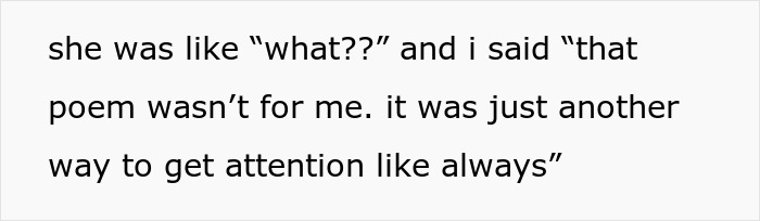 Text excerpt showing a conversation about attention-seeking behavior during a teen’s celebration involving a golden child cousin. Text excerpt showing a conversation about attention-seeking behavior during a teen’s celebration involving a golden child cousin.