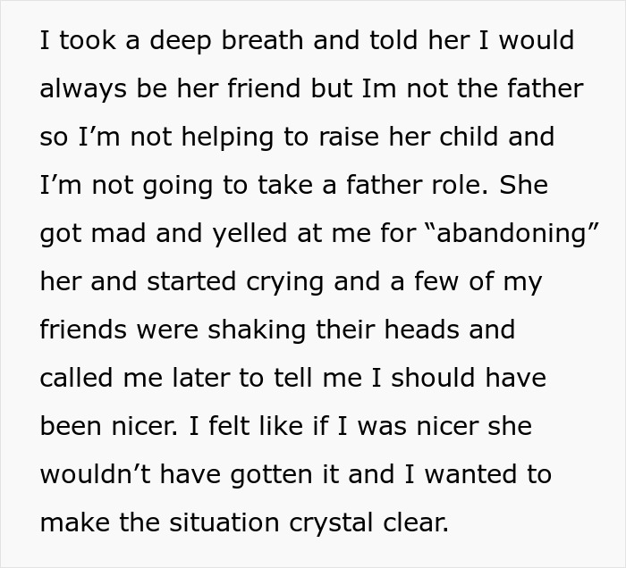 Text excerpt showing a man refusing to take a father role despite woman keeping ex’s baby and expecting help. Text excerpt showing a man refusing to take a father role despite woman keeping ex’s baby and expecting help.