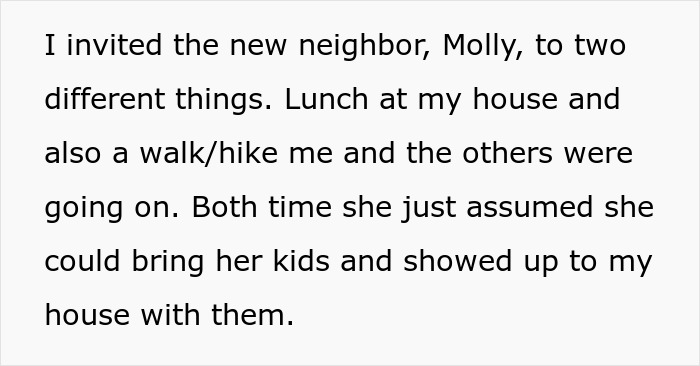Text excerpt about a mom of 4 bringing her kids to group activities, causing upset with neighbor invitations. Text excerpt about a mom of 4 bringing her kids to group activities, causing upset with neighbor invitations.