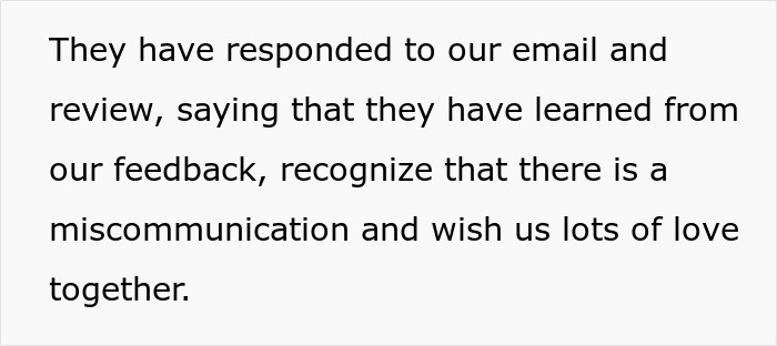 Text excerpt showing wedding vendors responding to feedback after leaving bride with no cupcakes due to allergy miscommunication. Text excerpt showing wedding vendors responding to feedback after leaving bride with no cupcakes due to allergy miscommunication.
