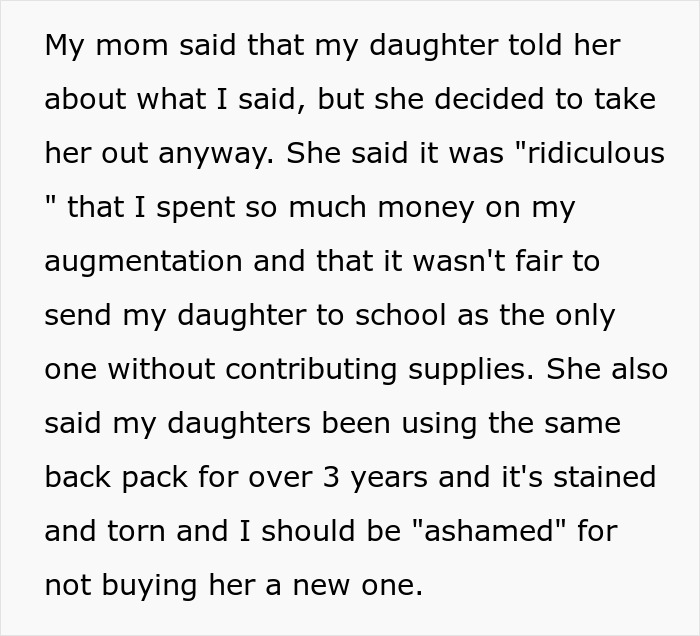 Text of a single mom facing backlash after spending thousands on plastic surgery instead of school supplies for her daughter. Text of a single mom facing backlash after spending thousands on plastic surgery instead of school supplies for her daughter.