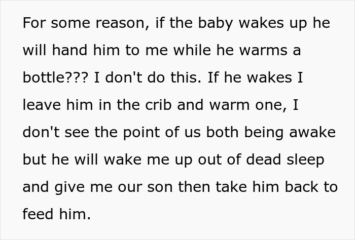 Text about a burnt-out wife frustrated that her husband can&rsquo;t manage feeding the baby once a night as requested.