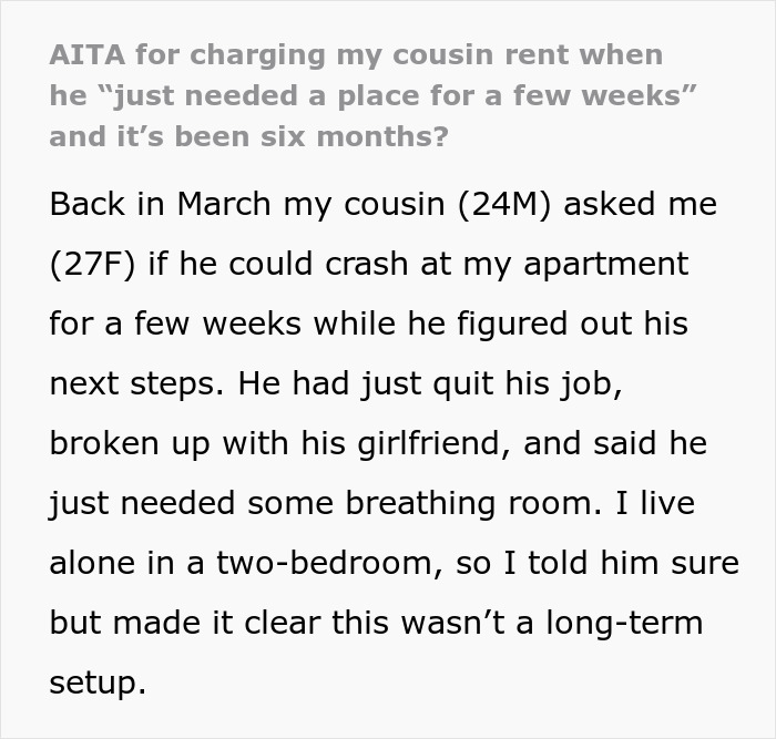 Text excerpt about a guy mooching off his cousin for six months, then being asked to pay $400 rent.