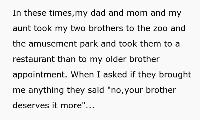Text excerpt showing sibling of autistic and epileptic brothers discussing years of neglect and parents demanding part of her salary.