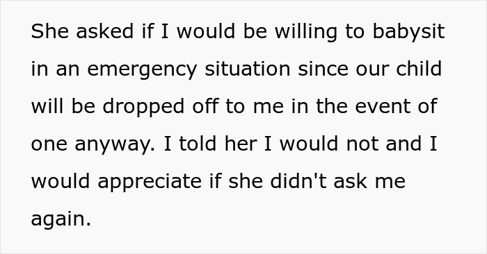 Alt text: Text about a woman expecting help from her ex-husband after leaving him for another man, but he refuses to babysit. Alt text: Text about a woman expecting help from her ex-husband after leaving him for another man, but he refuses to babysit.